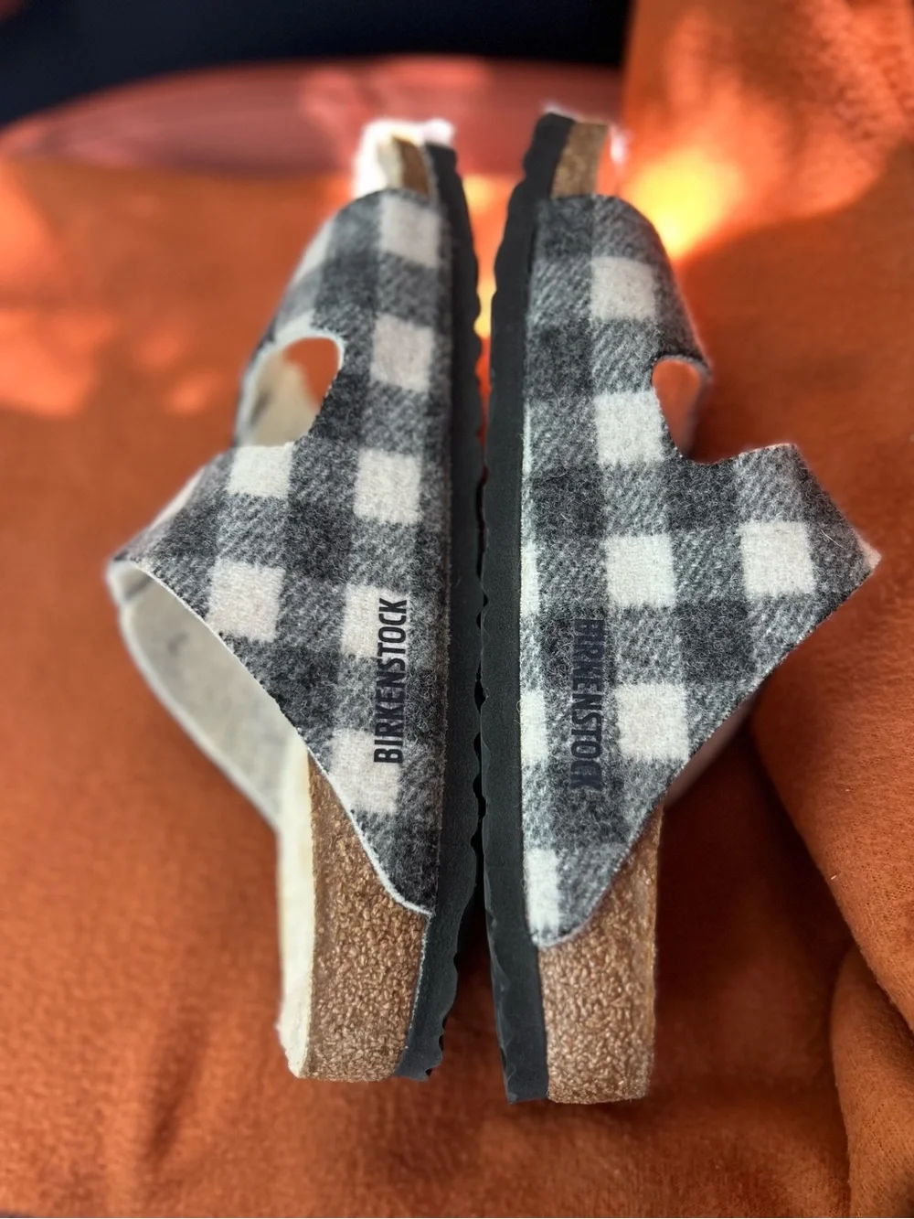 Birkenstock Wool Plush Lined Black & White Buffalo Plaid womens Sandals size 8